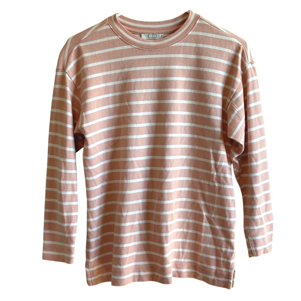 AYR Long Sleeve Tee Pink White Women XS Striped Cotton Crew Neck Relaxed